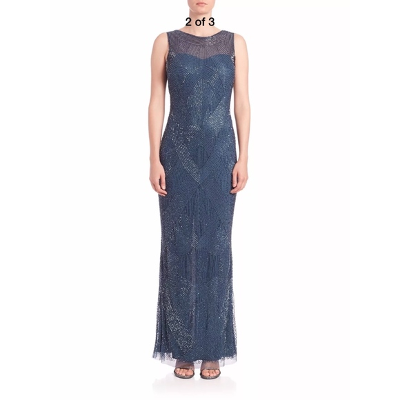 NWT $485 Aidan Mattox [ 2 US ] Riviera‎ Beaded Illusion Top Gown in Blue - Picture 4 of 6